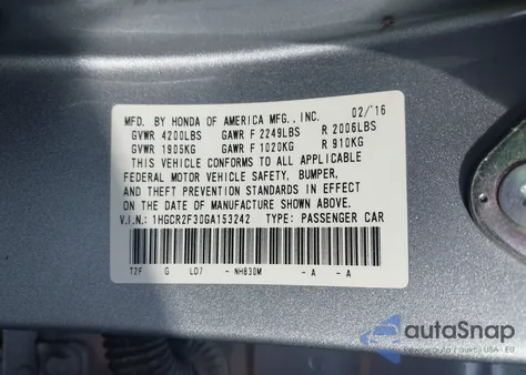 2016 Honda Accord Lx из США, поврежденный, VIN 1HGCR2F30GA153242